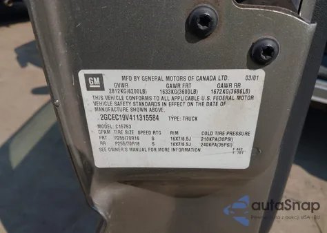 2001 Chevrolet Silverado 1500 Ls из США, поврежденный, VIN 2GCEC19V411315584